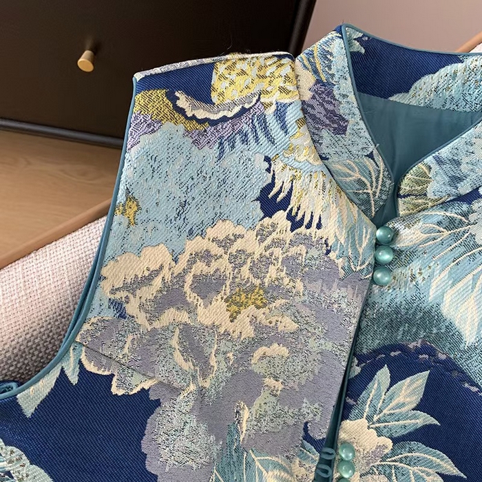 91家纺网 家纺一手货源 找家纺 洛兰沙家居馆【只代发】【只代发】 2025新款复古织锦缎细纱棉麻拼接马甲背心刺绣中式盘扣上衣 47