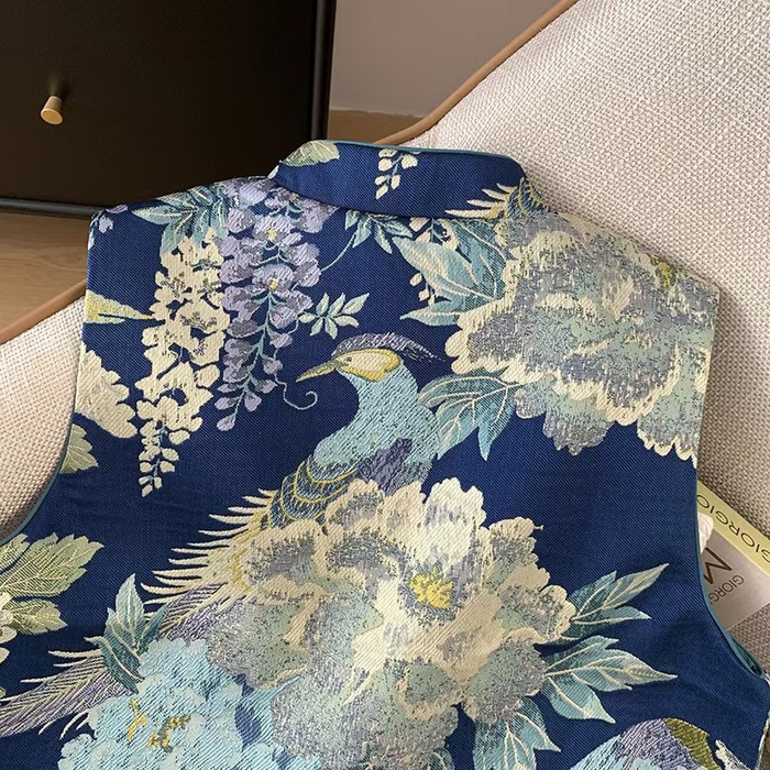 91家纺网 家纺一手货源 找家纺 洛兰沙家居馆【只代发】【只代发】 2025新款复古织锦缎细纱棉麻拼接马甲背心刺绣中式盘扣上衣 47