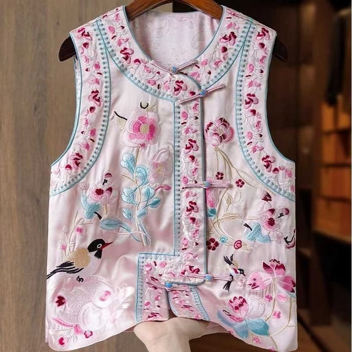 洛兰沙家居馆【只代发】【只代发】 2025新款复古织锦缎细纱棉麻拼接马甲背心刺绣中式盘扣上衣 48
