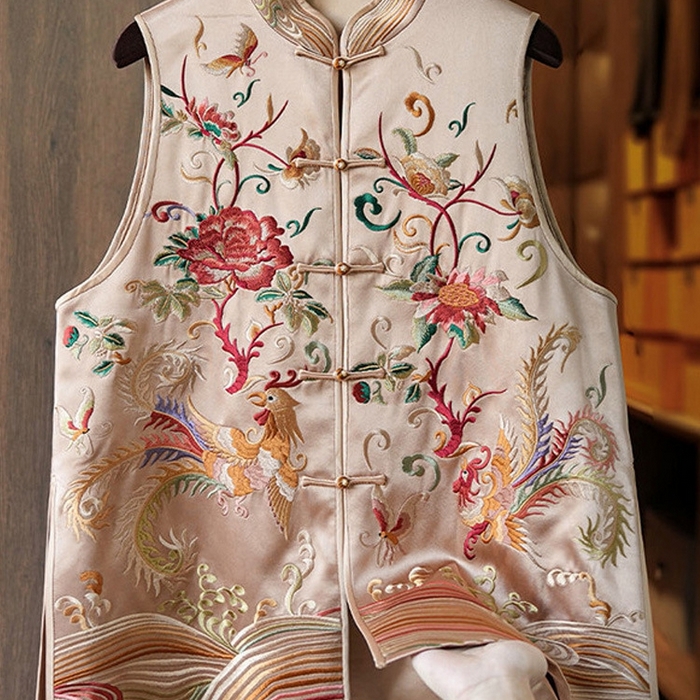 洛兰沙家居馆【只代发】【只代发】 2025新款复古织锦缎细纱棉麻拼接马甲背心刺绣中式盘扣上衣 50