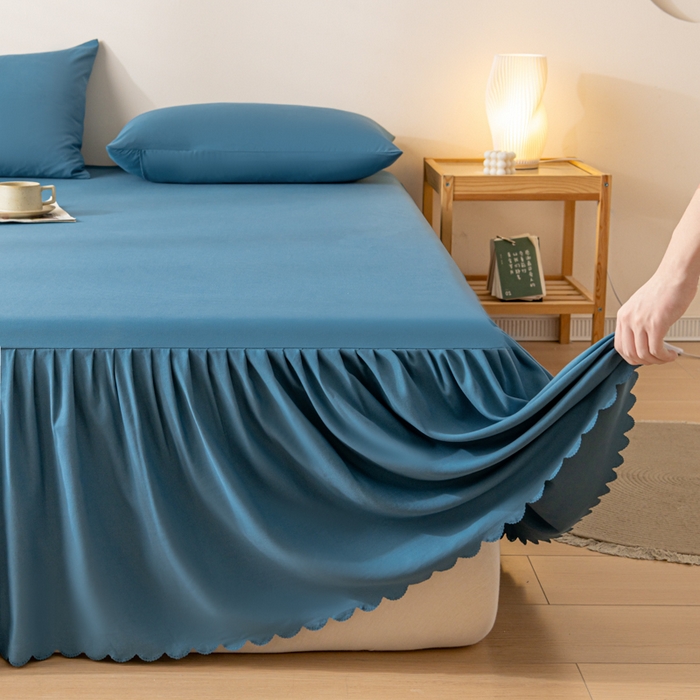 91家纺网 家纺一手货源 找家纺 梵克保罗 2025新款亲肤磨毛舒适柔软纯色Q系列床裙 Q-牛仔蓝