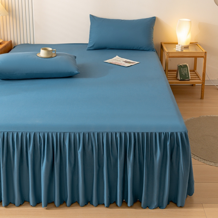 91家纺网 家纺一手货源 找家纺 梵克保罗 2025新款亲肤磨毛舒适柔软纯色Q系列床裙 Q-牛仔蓝