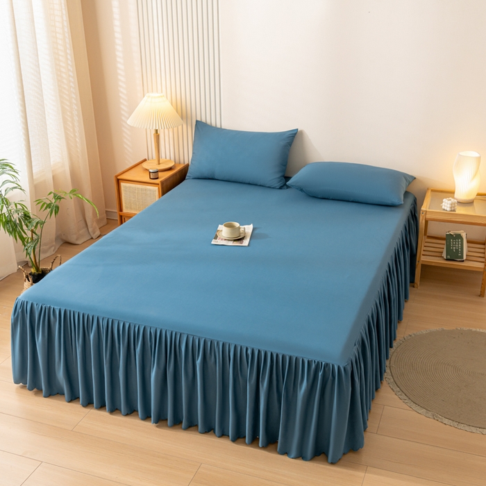 91家纺网 家纺一手货源 找家纺 梵克保罗 2025新款亲肤磨毛舒适柔软纯色Q系列床裙 Q-牛仔蓝