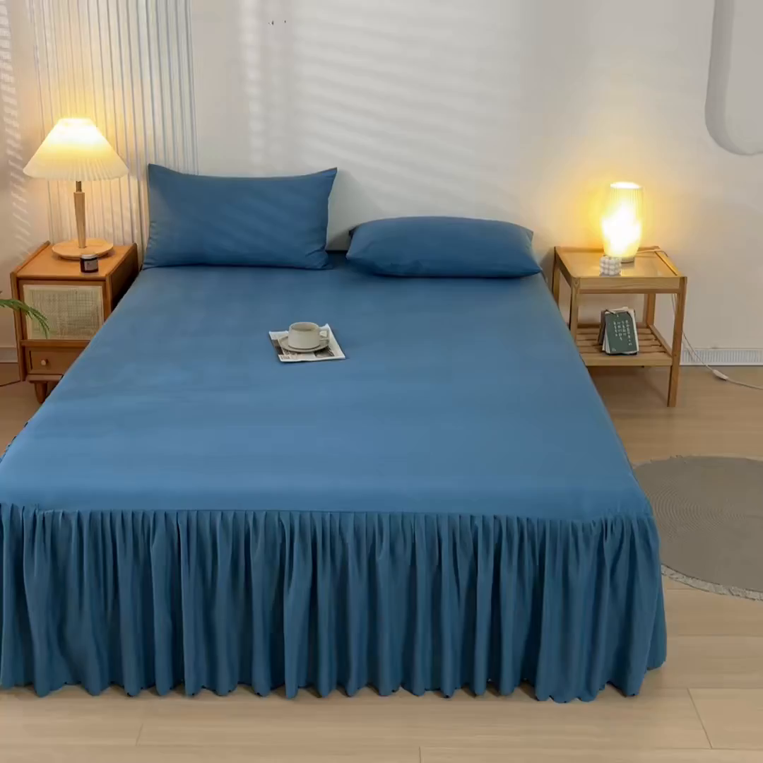 91家纺网 家纺一手货源 找家纺 梵克保罗 2025新款亲肤磨毛舒适柔软纯色Q系列床裙 Q-牛仔蓝