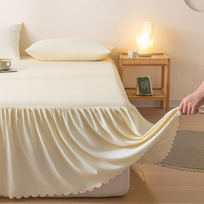 91家纺网 家纺一手货源 找家纺 梵克保罗 2025新款亲肤磨毛舒适柔软纯色Q系列床裙 Q-奶油白