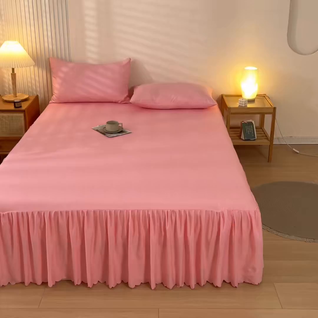 91家纺网 家纺一手货源 找家纺 梵克保罗 2025新款亲肤磨毛舒适柔软纯色Q系列床裙 Q-淡粉