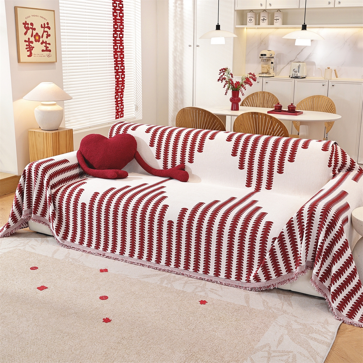 91家纺网 家纺一手货源 找家纺 共鸣沙发垫 2025新款亲肤舒适雪尼尔玉兰喜庆红色沙发巾 拾忆红色 180x130cm沙发巾