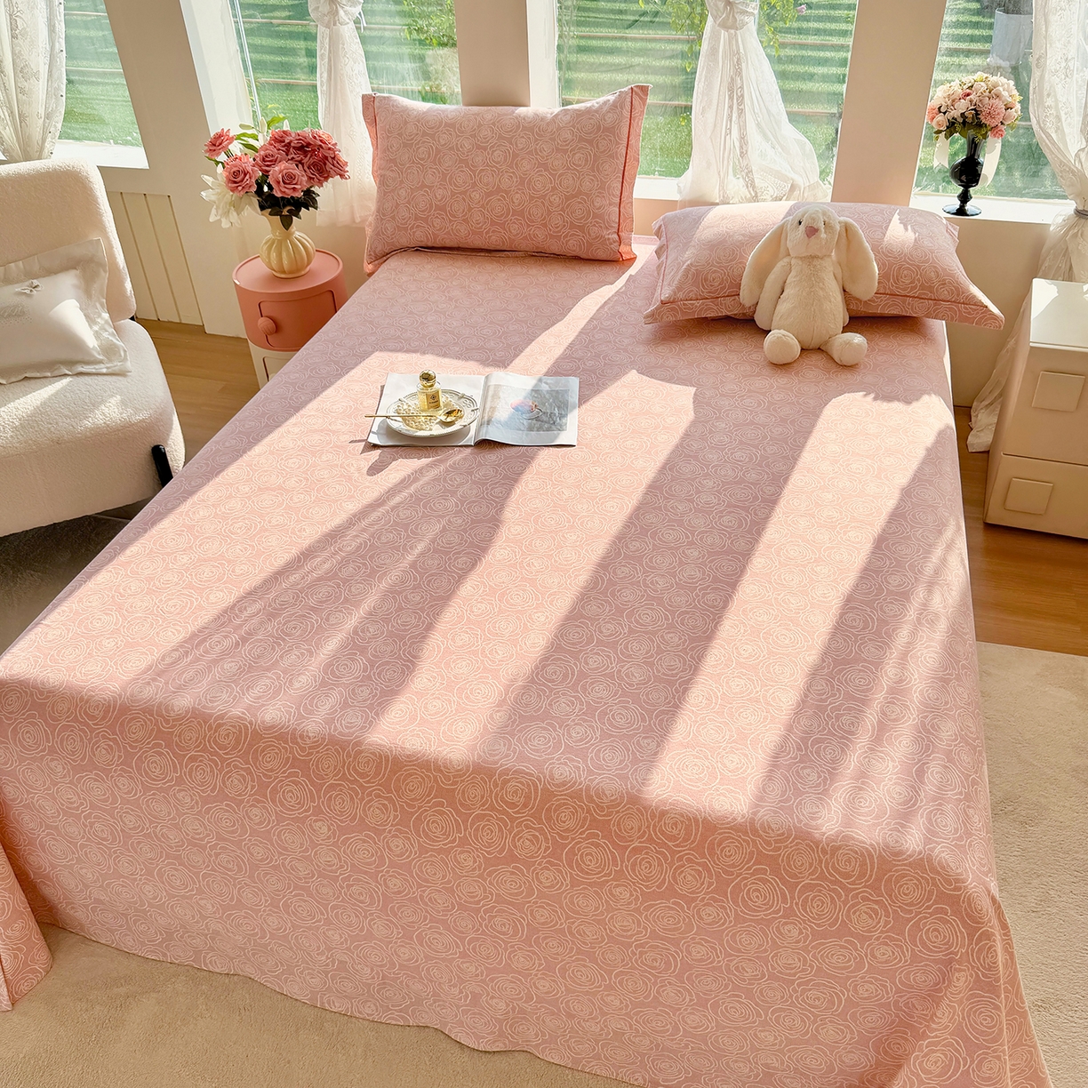 91家纺网 家纺一手货源 找家纺 壹贝家纺 2025新款A类100%全棉纯棉磨毛床单单床单床单单件 玫瑰情缘-粉