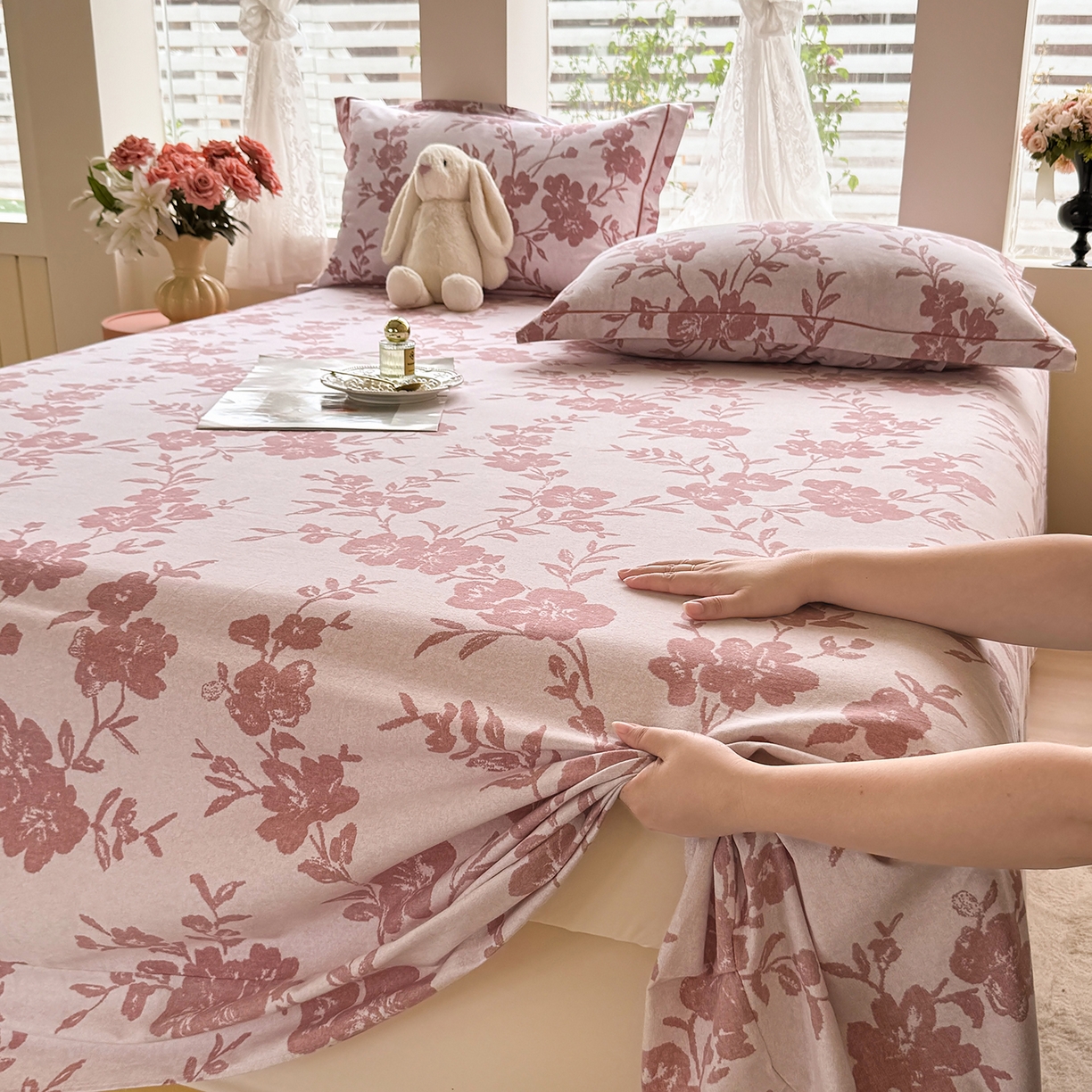 91家纺网 家纺一手货源 找家纺 壹贝家纺 2025新款A类100%全棉纯棉磨毛床单单床单床单单件 梅花印-粉