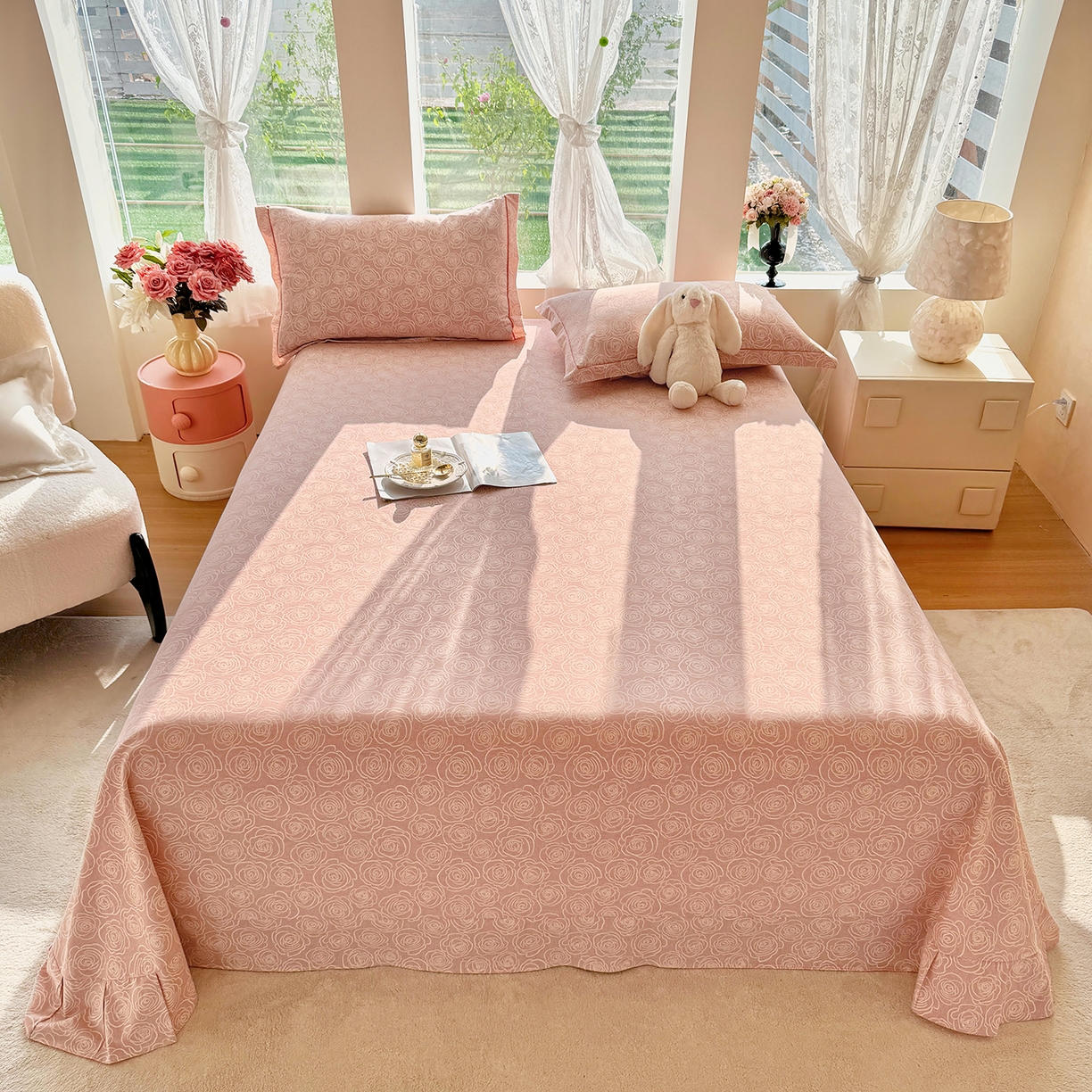 91家纺网 家纺一手货源 找家纺 壹贝家纺 2025新款A类100%全棉纯棉磨毛床单单床单床单单件 玫瑰情缘-粉