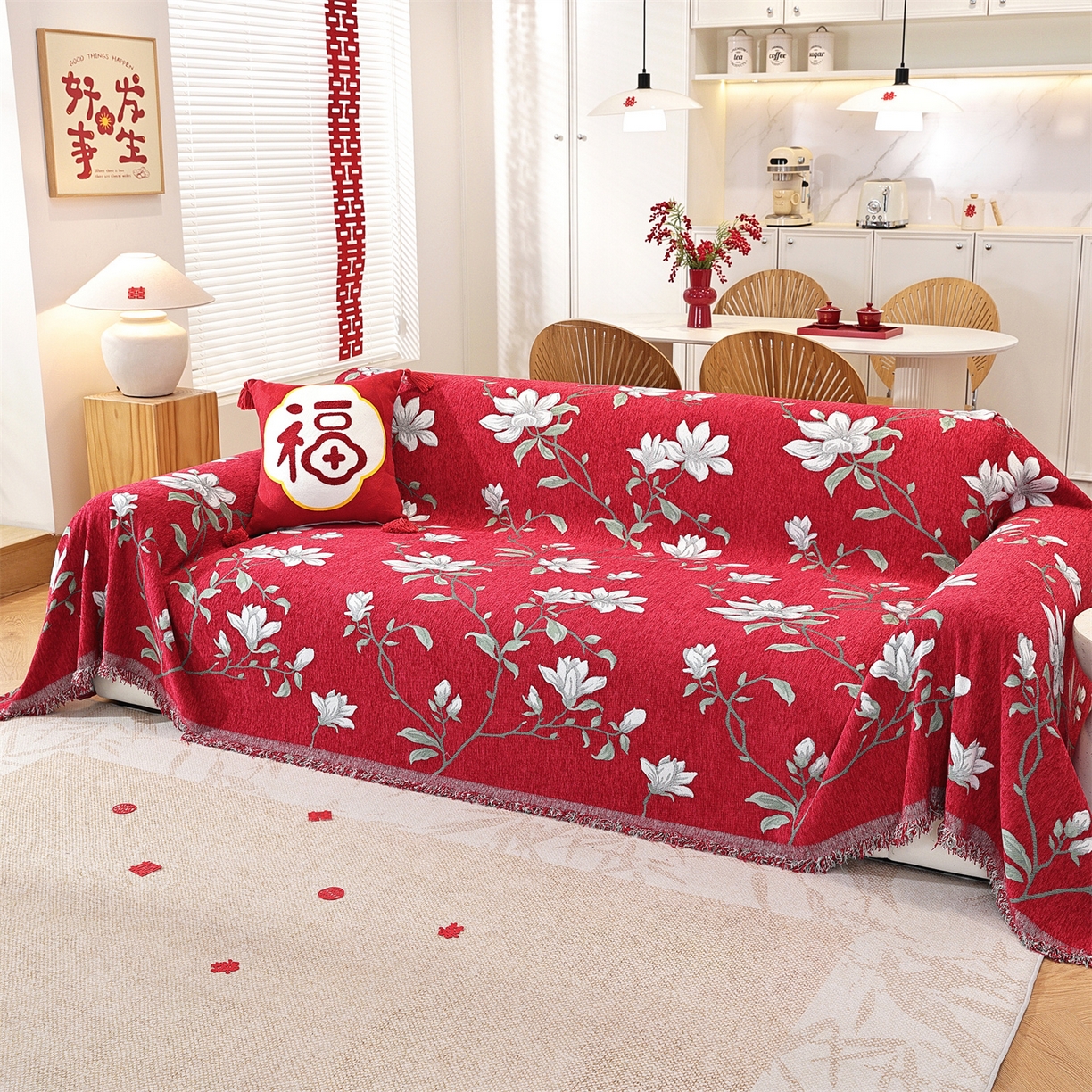 91家纺网 家纺一手货源 找家纺 共鸣沙发垫 2025新款亲肤舒适雪尼尔玉兰喜庆红色沙发巾 玉兰红色 180x130cm沙发巾