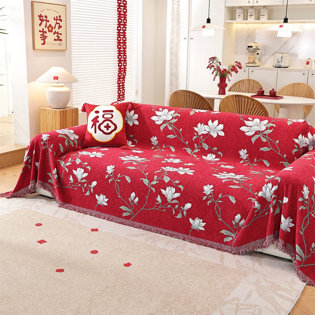 91家纺网 家纺一手货源 找家纺 共鸣沙发垫 2025新款亲肤舒适雪尼尔玉兰喜庆红色沙发巾 玉兰红色 180x130cm沙发巾