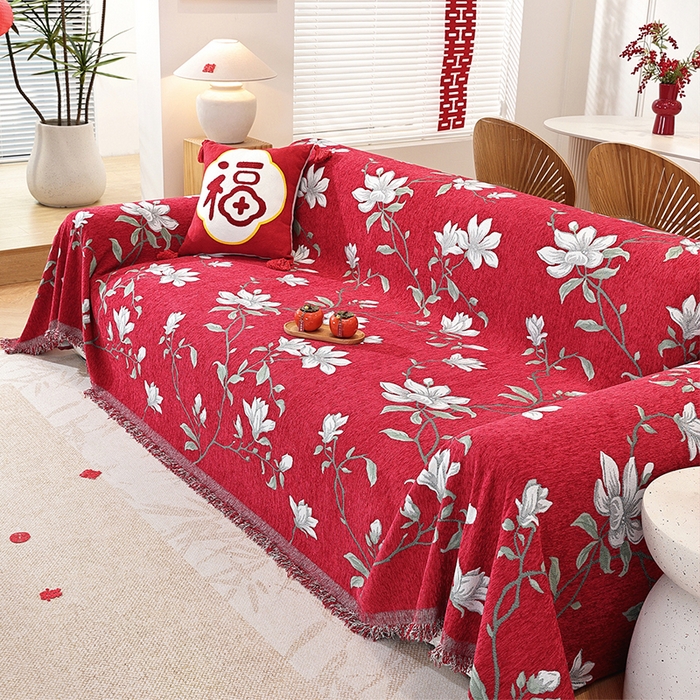 91家纺网 家纺一手货源 找家纺 共鸣沙发垫 2025新款亲肤舒适雪尼尔玉兰喜庆红色沙发巾 玉兰红色 180x130cm沙发巾