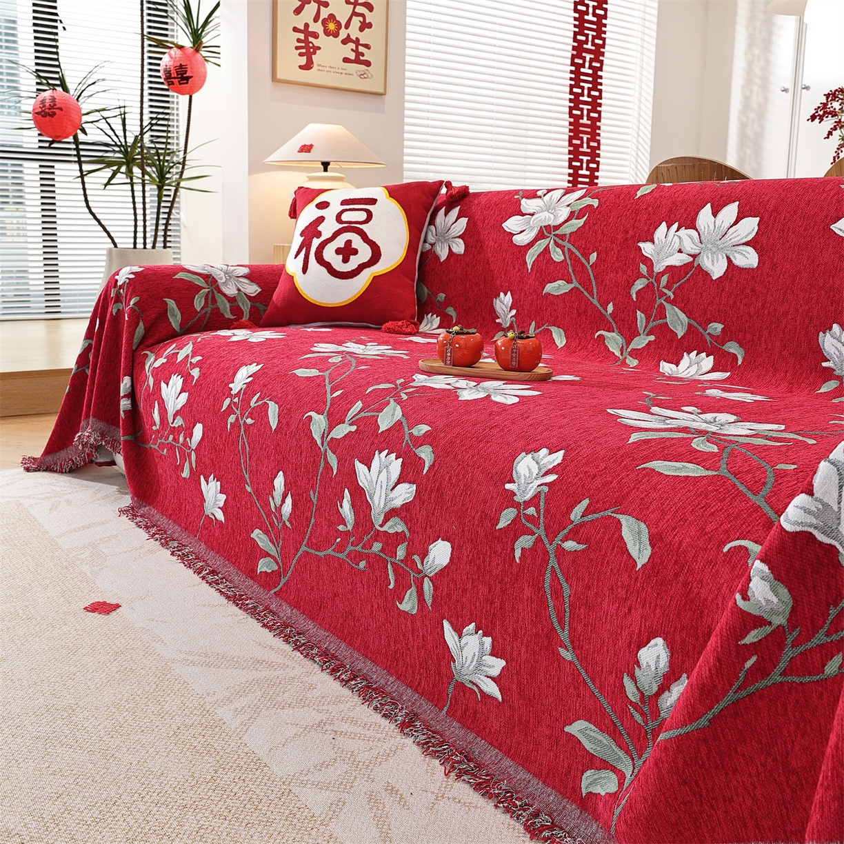 91家纺网 家纺一手货源 找家纺 共鸣沙发垫 2025新款亲肤舒适雪尼尔玉兰喜庆红色沙发巾 玉兰红色 180x130cm沙发巾