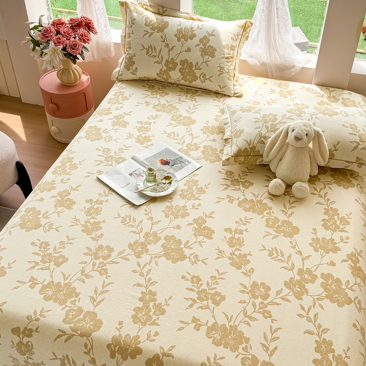 91家纺网 家纺一手货源 找家纺 壹贝家纺 2025新款A类100%全棉纯棉磨毛床单单床单床单单件 梅花印-黄