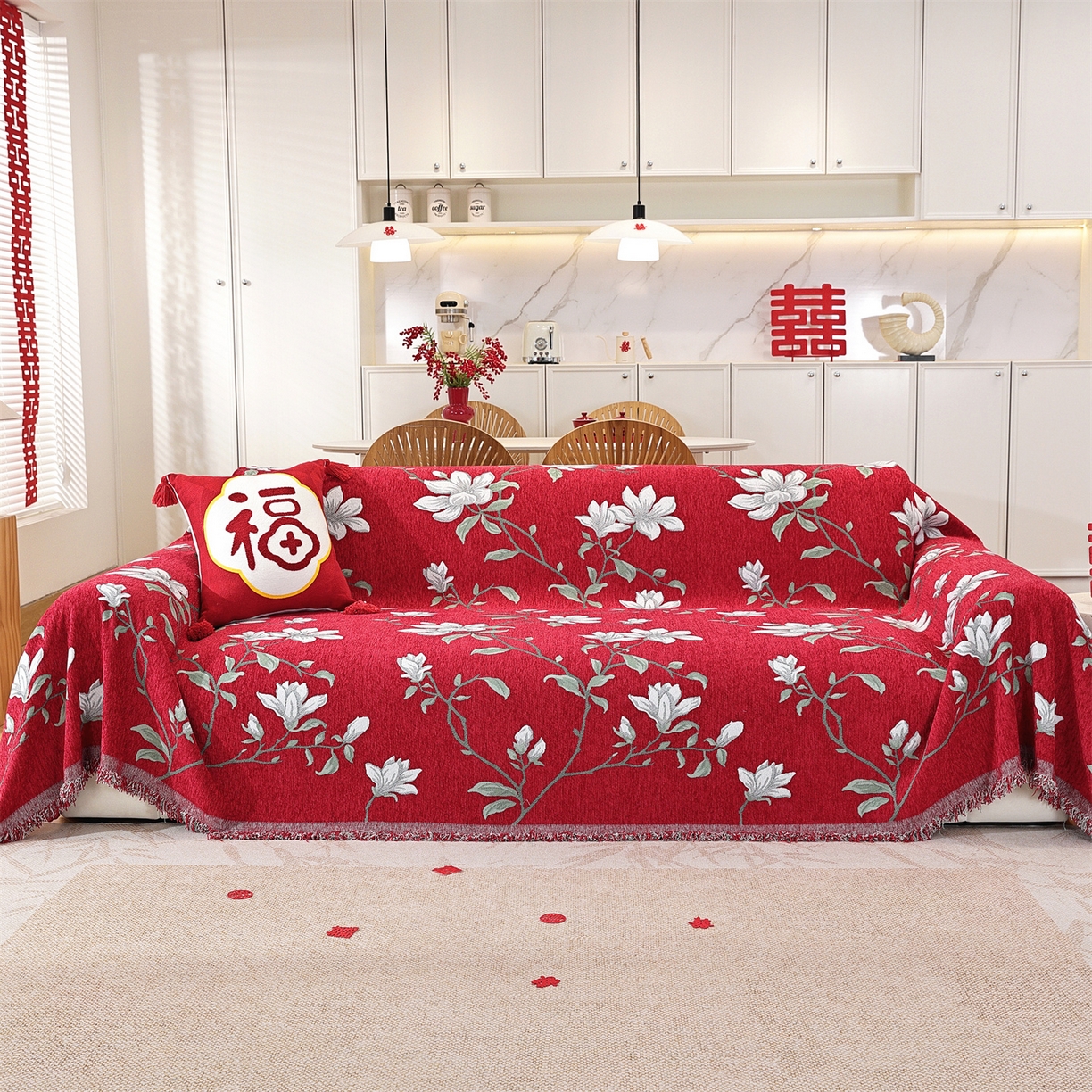 91家纺网 家纺一手货源 找家纺 共鸣沙发垫 2025新款亲肤舒适雪尼尔玉兰喜庆红色沙发巾 玉兰红色 180x130cm沙发巾