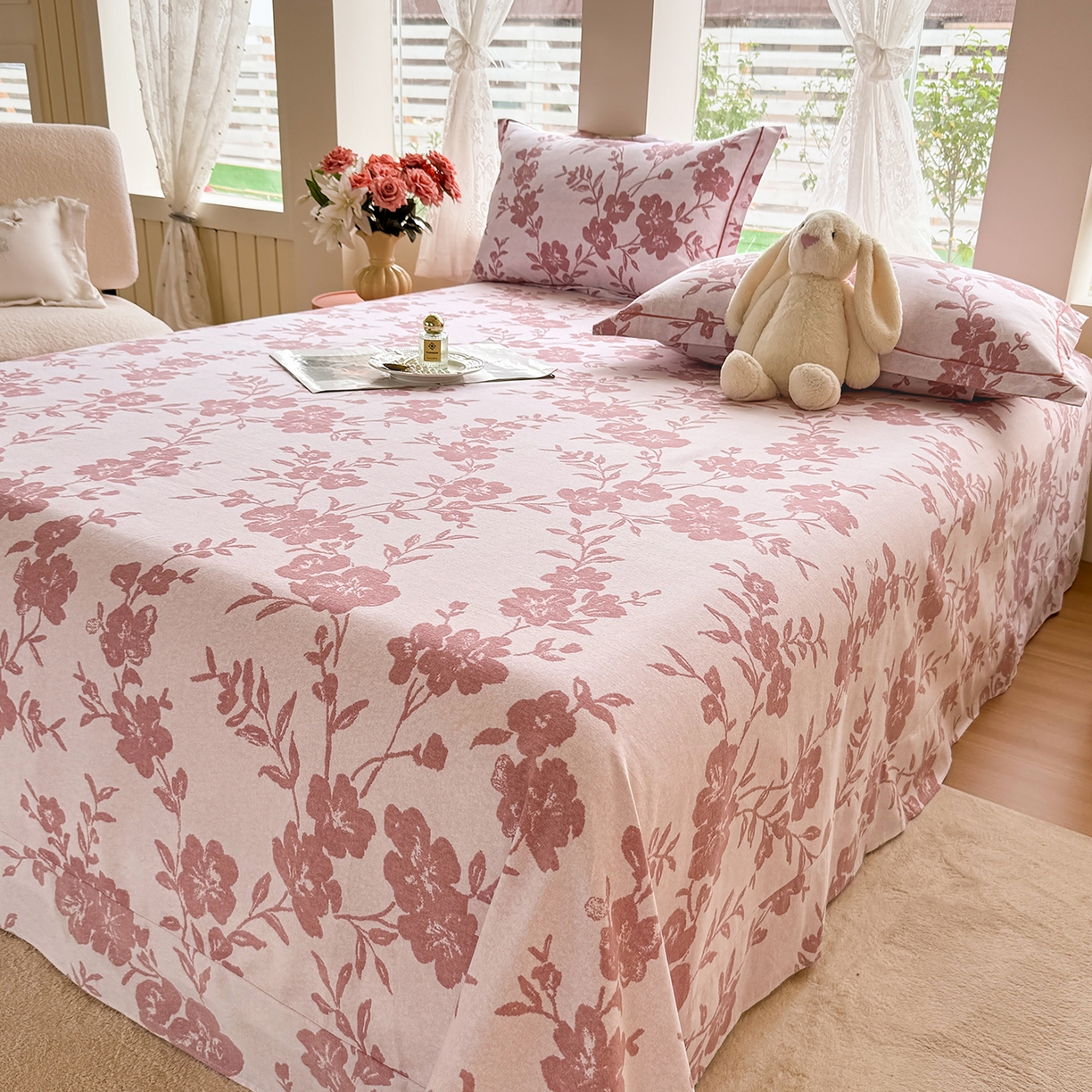 91家纺网 家纺一手货源 找家纺 壹贝家纺 2025新款A类100%全棉纯棉磨毛床单单床单床单单件 梅花印-粉