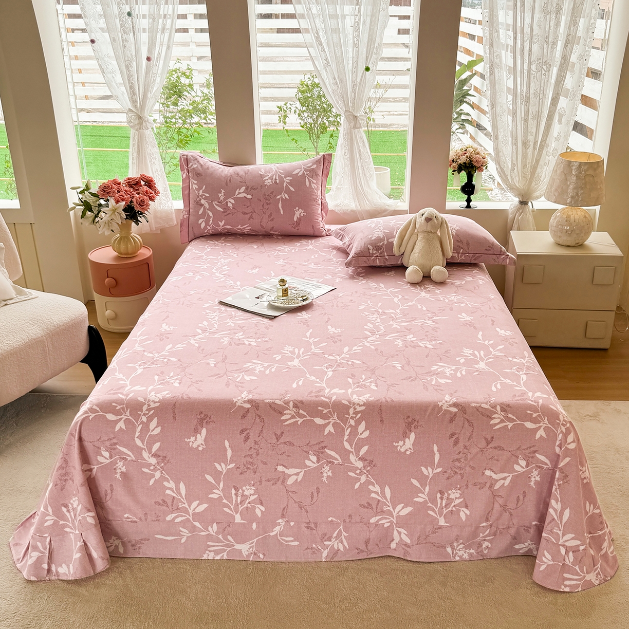 91家纺网 家纺一手货源 找家纺 壹贝家纺 2025新款A类100%全棉纯棉磨毛床单单床单床单单件 春和景明-粉