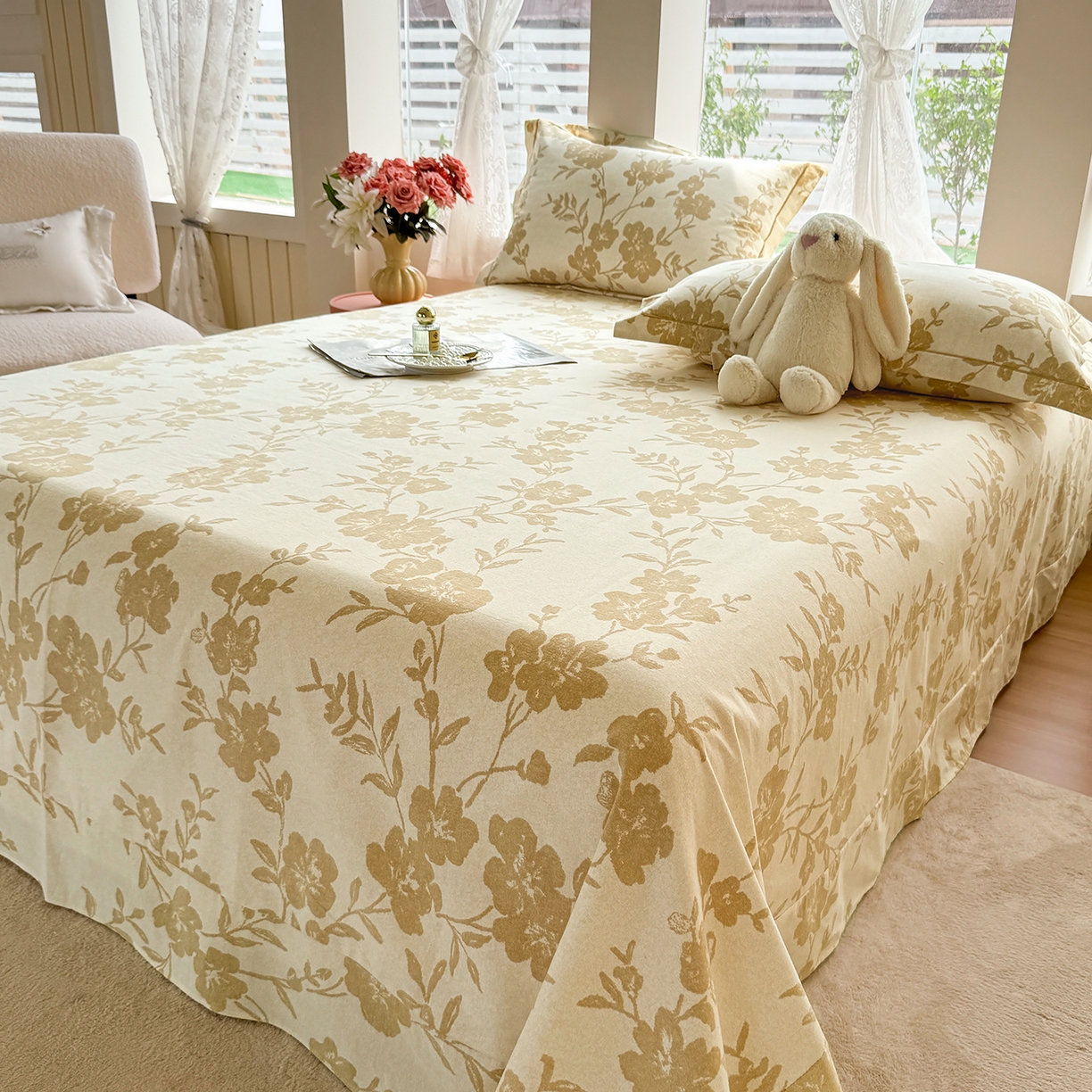 91家纺网 家纺一手货源 找家纺 壹贝家纺 2025新款A类100%全棉纯棉磨毛床单单床单床单单件 梅花印-黄