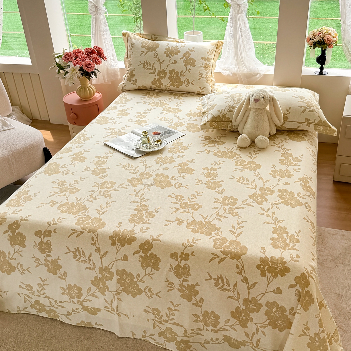 91家纺网 家纺一手货源 找家纺 壹贝家纺 2025新款A类100%全棉纯棉磨毛床单单床单床单单件 梅花印-黄