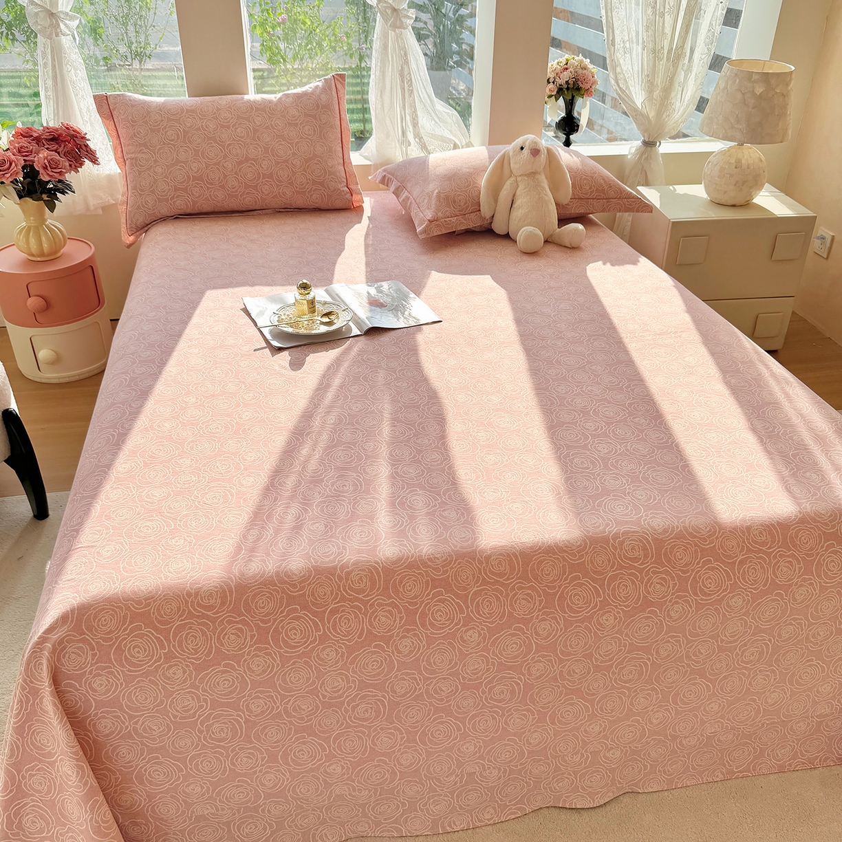 91家纺网 家纺一手货源 找家纺 壹贝家纺 2025新款A类100%全棉纯棉磨毛床单单床单床单单件 玫瑰情缘-粉