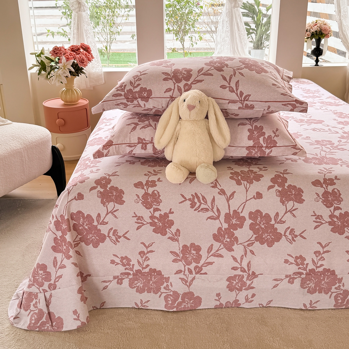 91家纺网 家纺一手货源 找家纺 壹贝家纺 2025新款A类100%全棉纯棉磨毛床单单床单床单单件 梅花印-粉