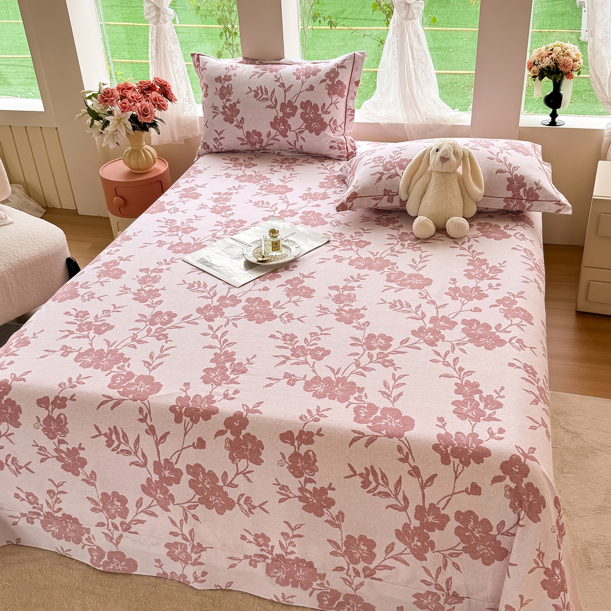 91家纺网 家纺一手货源 找家纺 壹贝家纺 2025新款A类100%全棉纯棉磨毛床单单床单床单单件 梅花印-粉