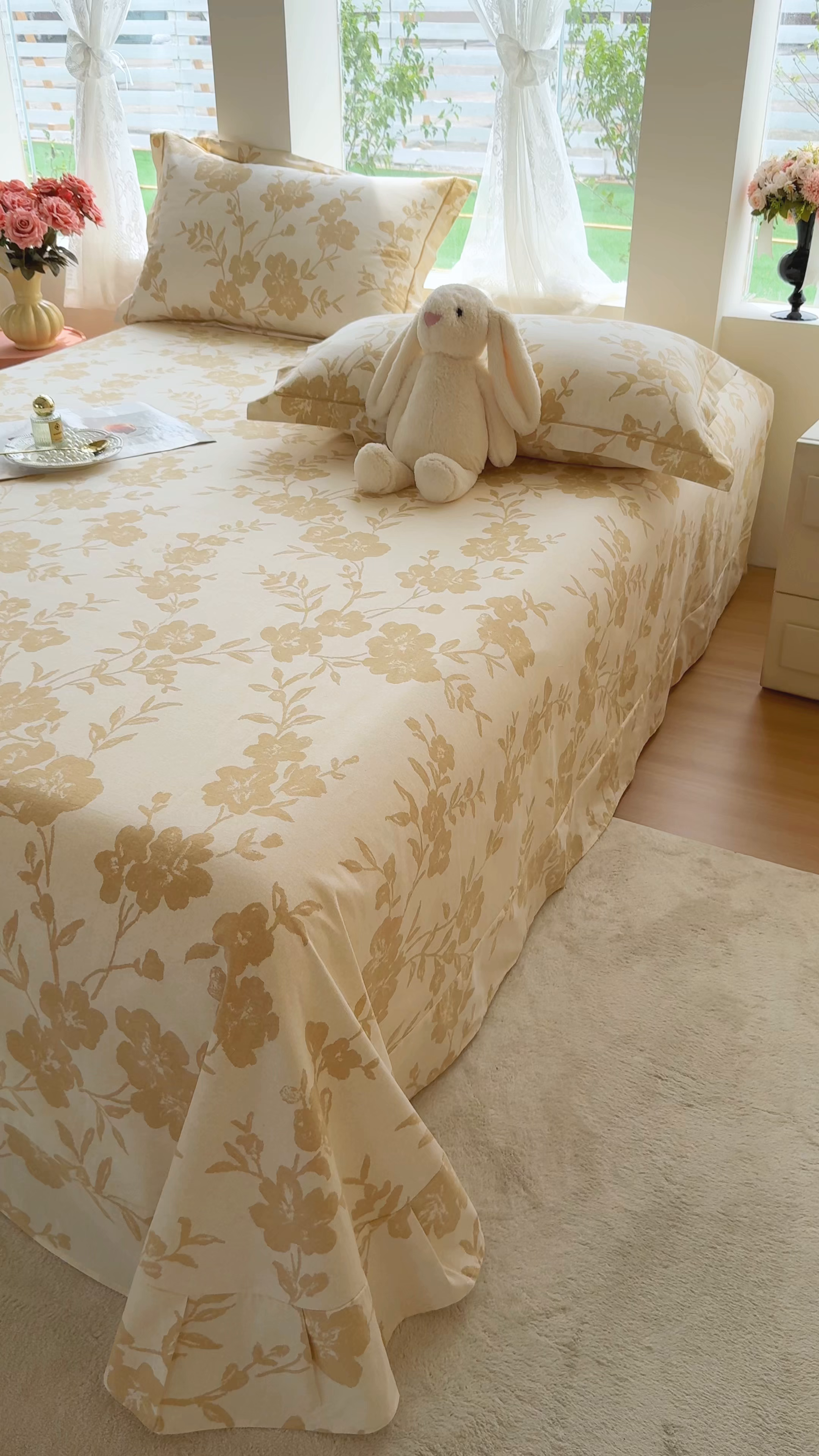 91家纺网 家纺一手货源 找家纺 壹贝家纺 2025新款A类100%全棉纯棉磨毛床单单床单床单单件 梅花印-黄