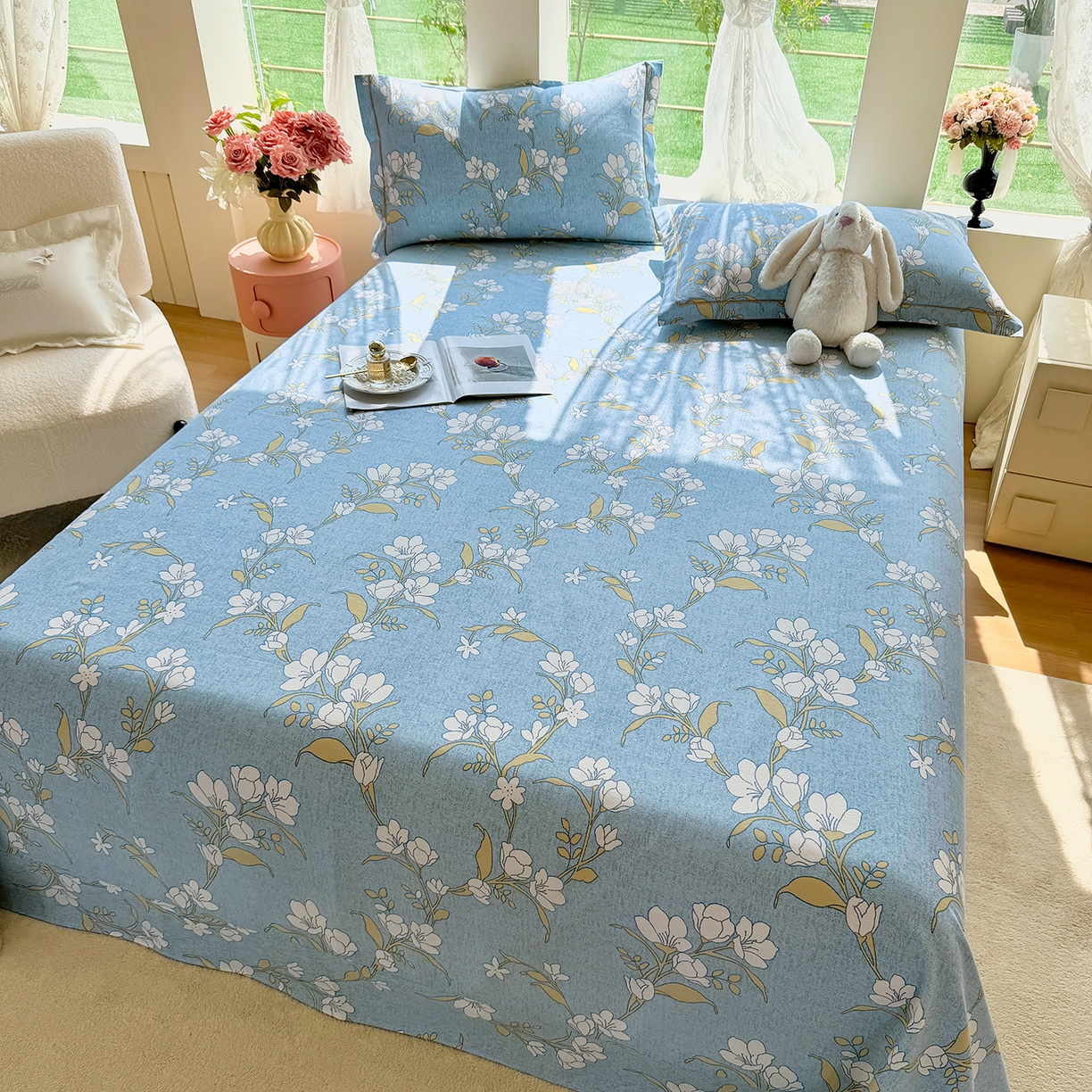 91家纺网 家纺一手货源 找家纺 壹贝家纺 2025新款A类100%全棉纯棉磨毛床单单床单床单单件 蓝莲花