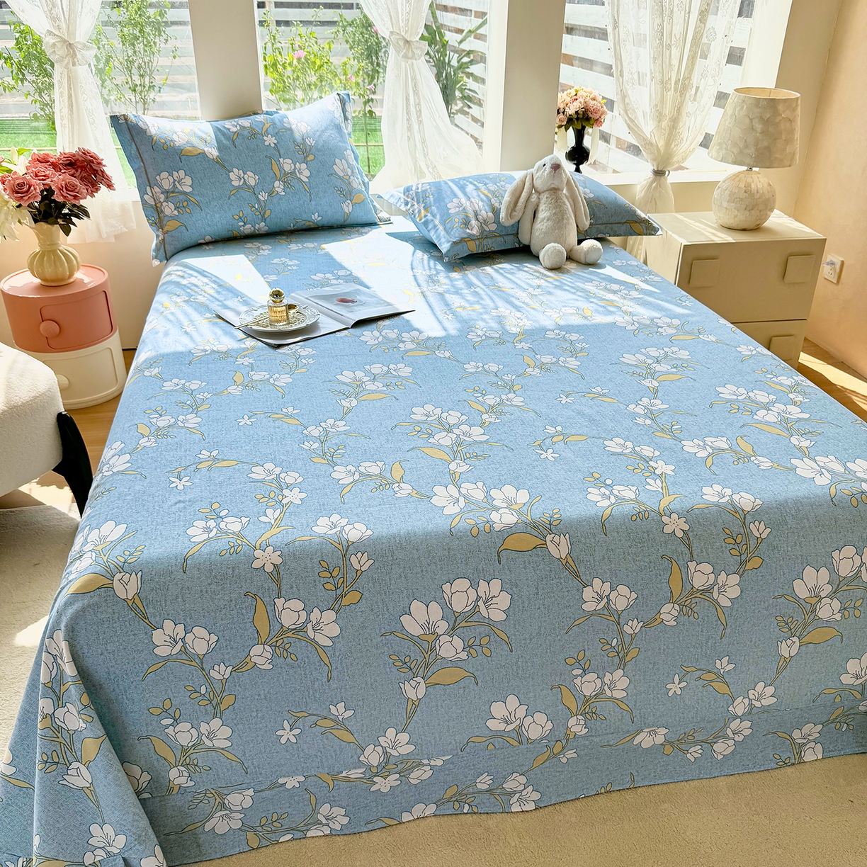 91家纺网 家纺一手货源 找家纺 壹贝家纺 2025新款A类100%全棉纯棉磨毛床单单床单床单单件 蓝莲花