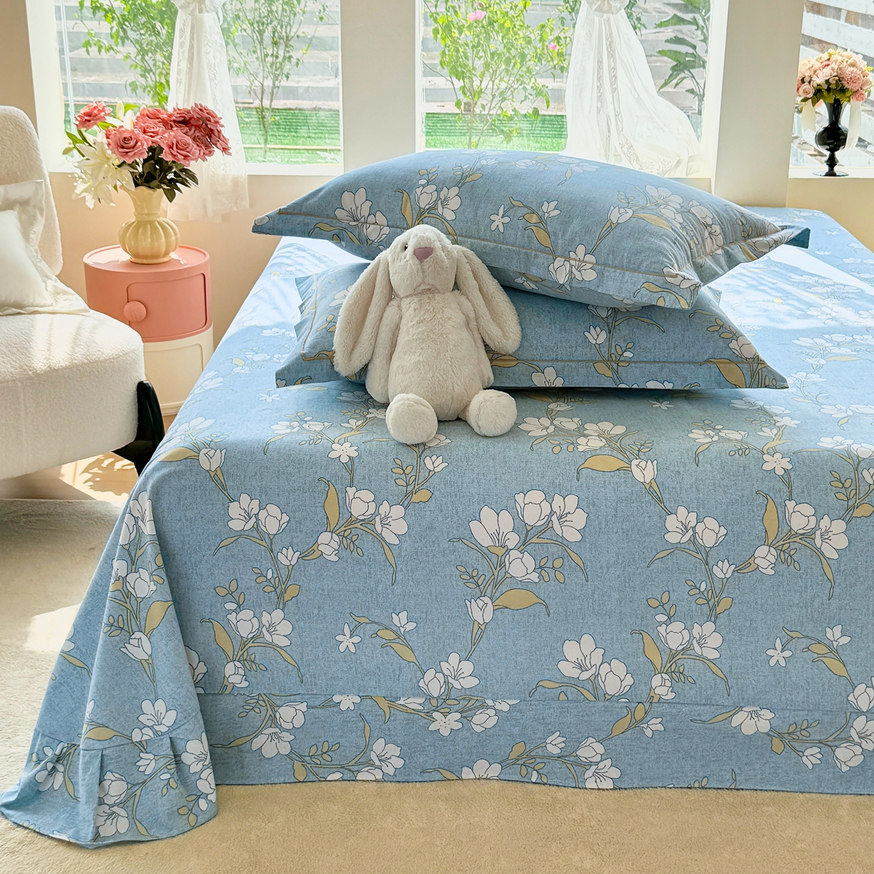 91家纺网 家纺一手货源 找家纺 壹贝家纺 2025新款A类100%全棉纯棉磨毛床单单床单床单单件 蓝莲花