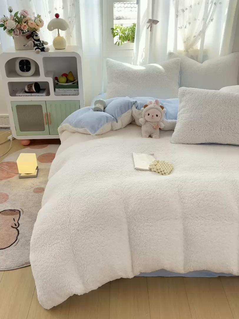 91家纺网 家纺一手货源 找家纺 （总）灰鲸 2025新款秋冬韩系牛奶羊羔绒四件套