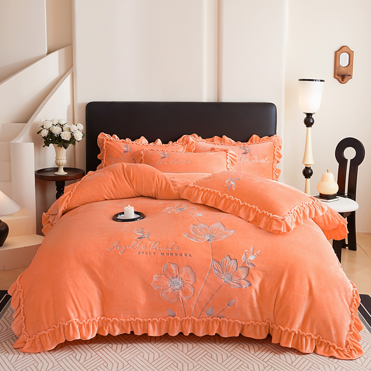 91家纺网 家纺一手货源 找家纺 （总）孟鑫家纺 2025新款220克高克重韩版立体花边牛奶法式绣花四件套床单床盖款被套-浪漫花园系列