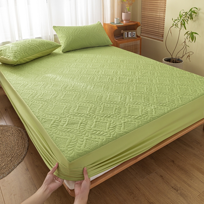 梵克保罗 2025新款简约纯色水洗棉防水夹棉床笠 小草绿