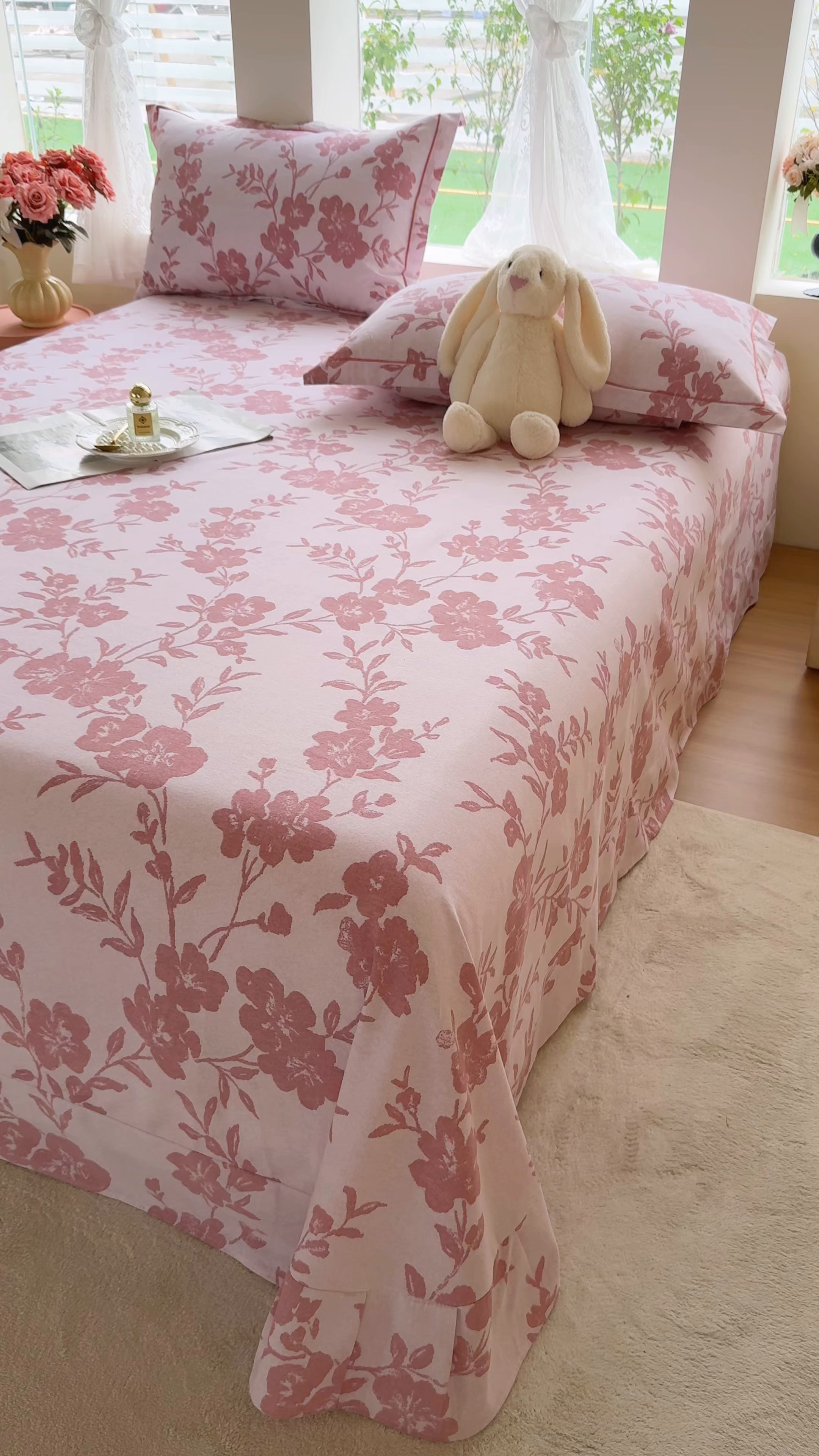 91家纺网 家纺一手货源 找家纺 壹贝家纺 2025新款A类100%全棉纯棉磨毛床单单床单床单单件 梅花印-粉