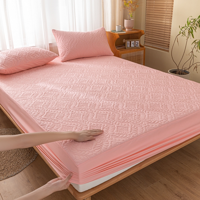 91家纺网 家纺一手货源 找家纺 梵克保罗 2025新款简约纯色水洗棉防水夹棉床笠 浅粉