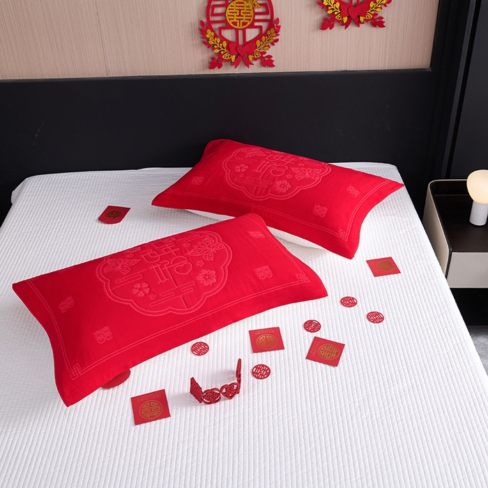 91家纺网 家纺一手货源 找家纺 棠薇家纺 2025新款全棉大红婚庆枕巾 百年好合