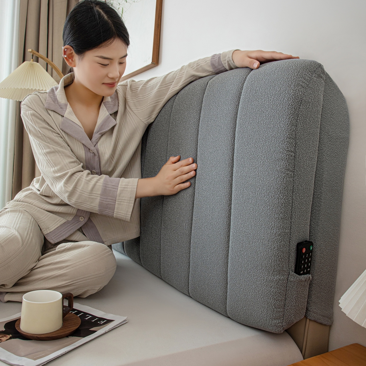 91家纺网 家纺一手货源 找家纺 沐沐家纺 2026新款泰迪绒床头罩靠背 暮云灰