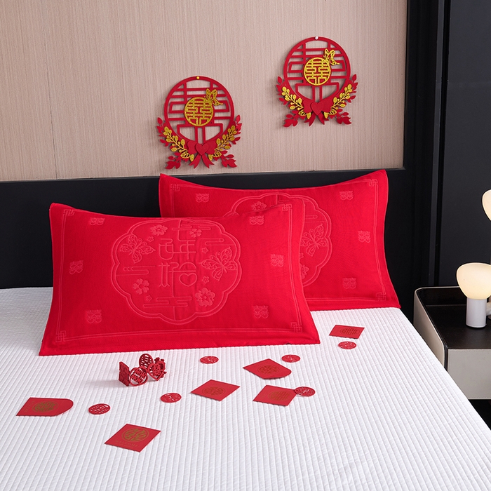 91家纺网 家纺一手货源 找家纺 棠薇家纺 2025新款全棉大红婚庆枕巾 百年好合