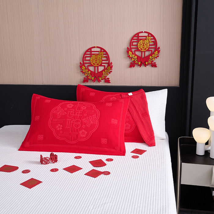 91家纺网 家纺一手货源 找家纺 棠薇家纺 2025新款全棉大红婚庆枕巾 百年好合