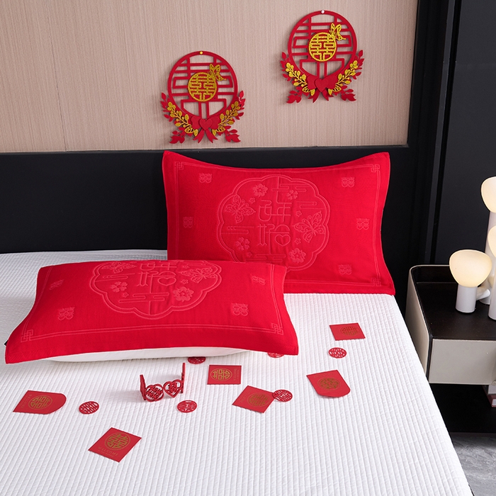 91家纺网 家纺一手货源 找家纺 棠薇家纺 2025新款全棉大红婚庆枕巾 百年好合