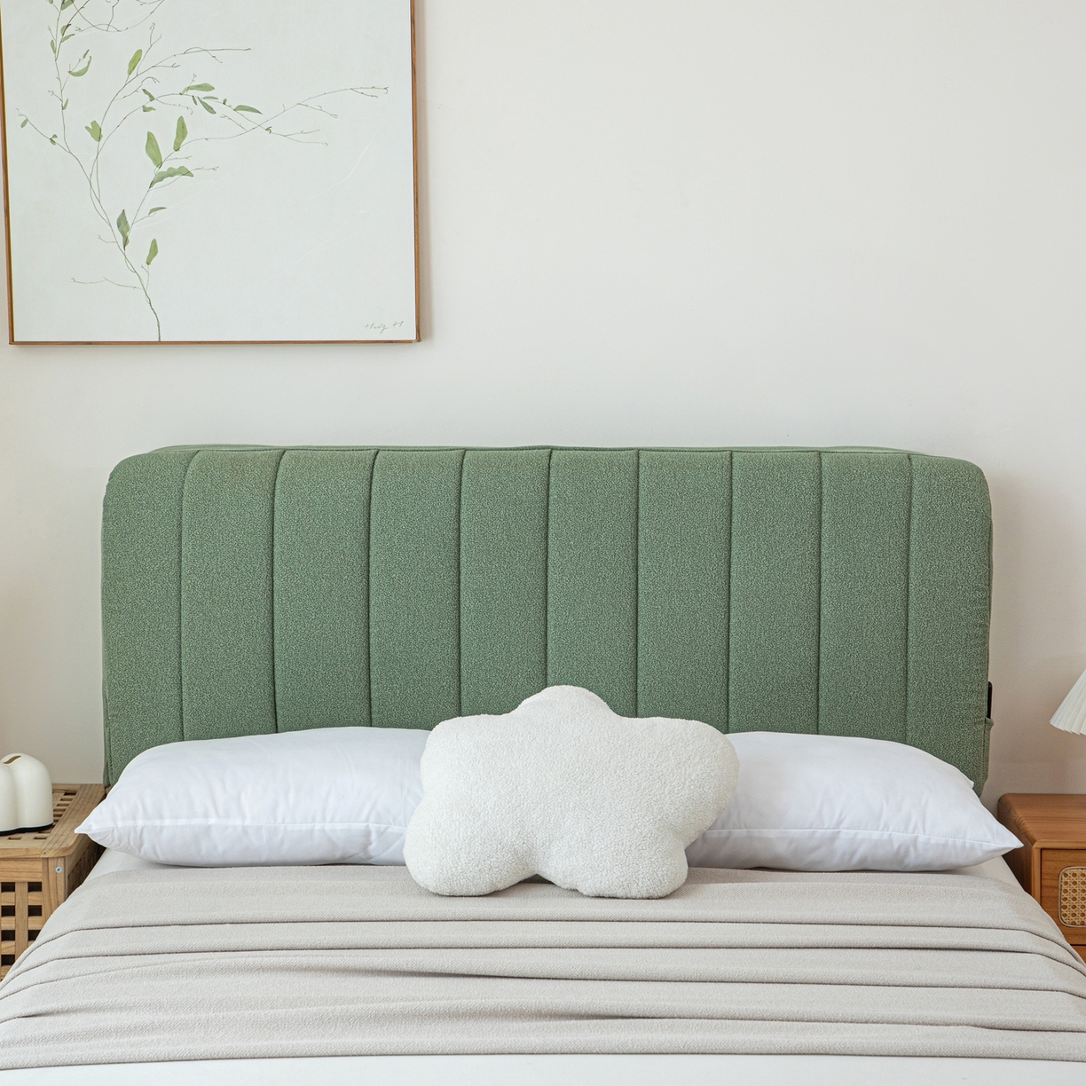 91家纺网 家纺一手货源 找家纺 沐沐家纺 2026新款泰迪绒床头罩靠背 抹茶绿