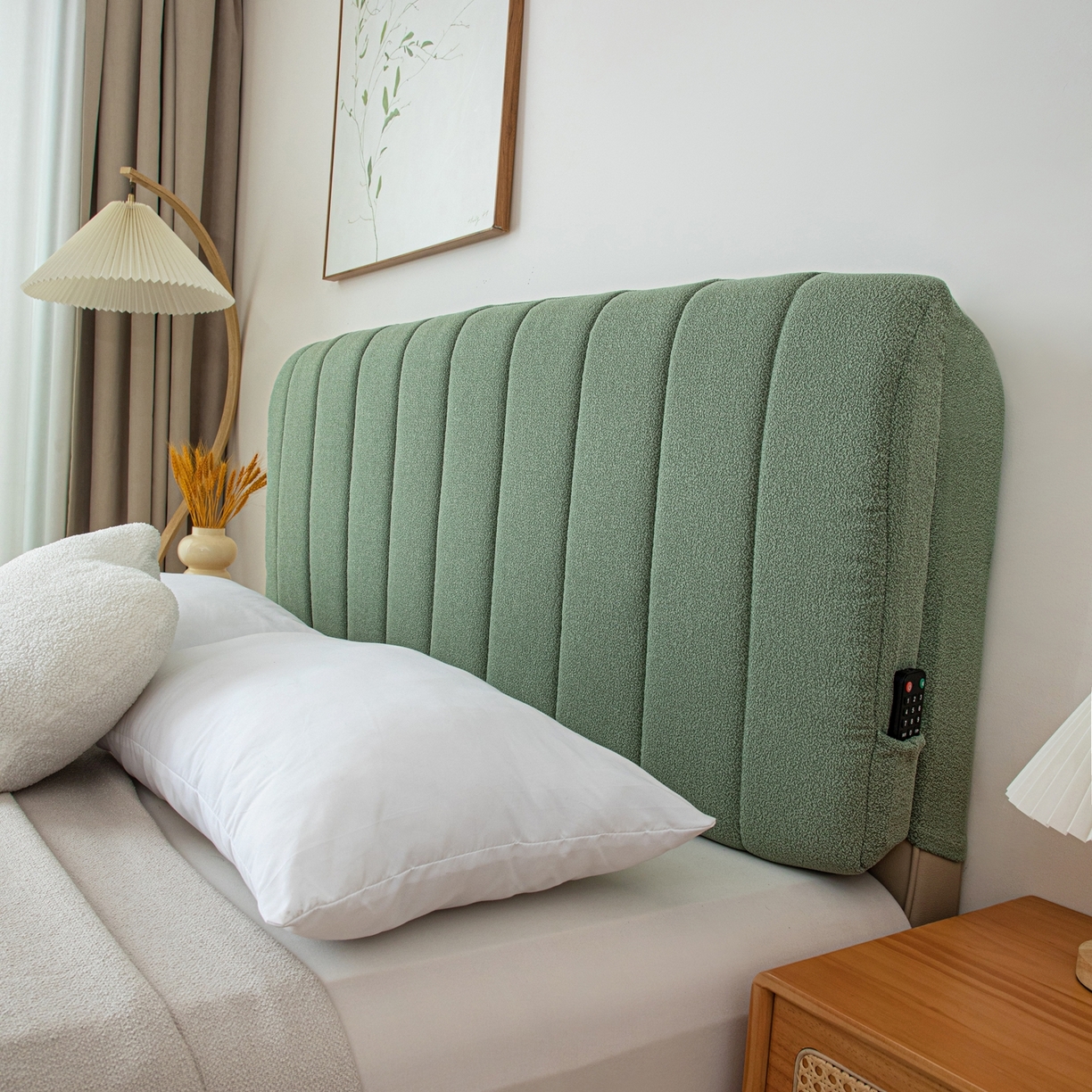 91家纺网 家纺一手货源 找家纺 沐沐家纺 2026新款泰迪绒床头罩靠背 抹茶绿