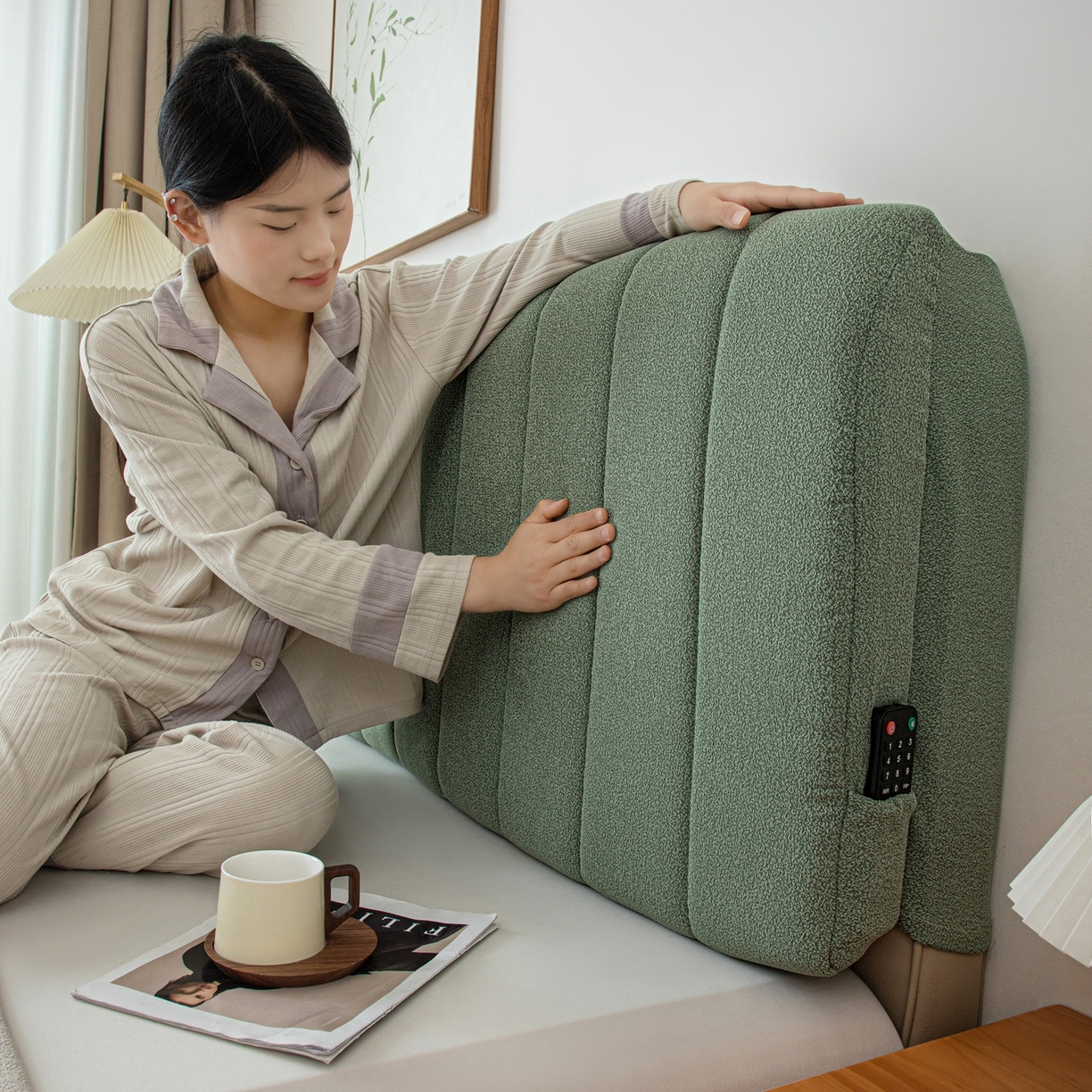 91家纺网 家纺一手货源 找家纺 沐沐家纺 2026新款泰迪绒床头罩靠背 抹茶绿