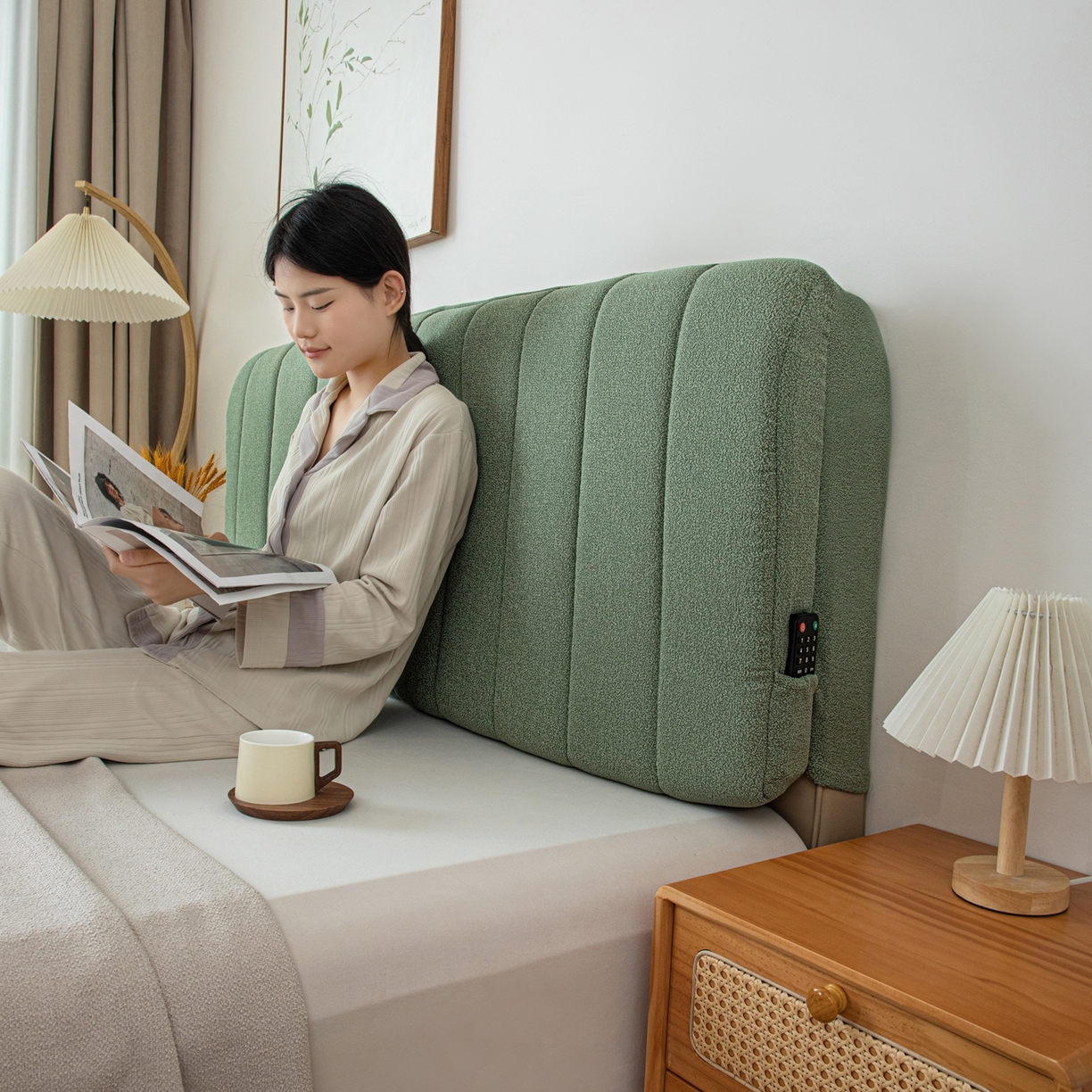 91家纺网 家纺一手货源 找家纺 沐沐家纺 2026新款泰迪绒床头罩靠背 抹茶绿