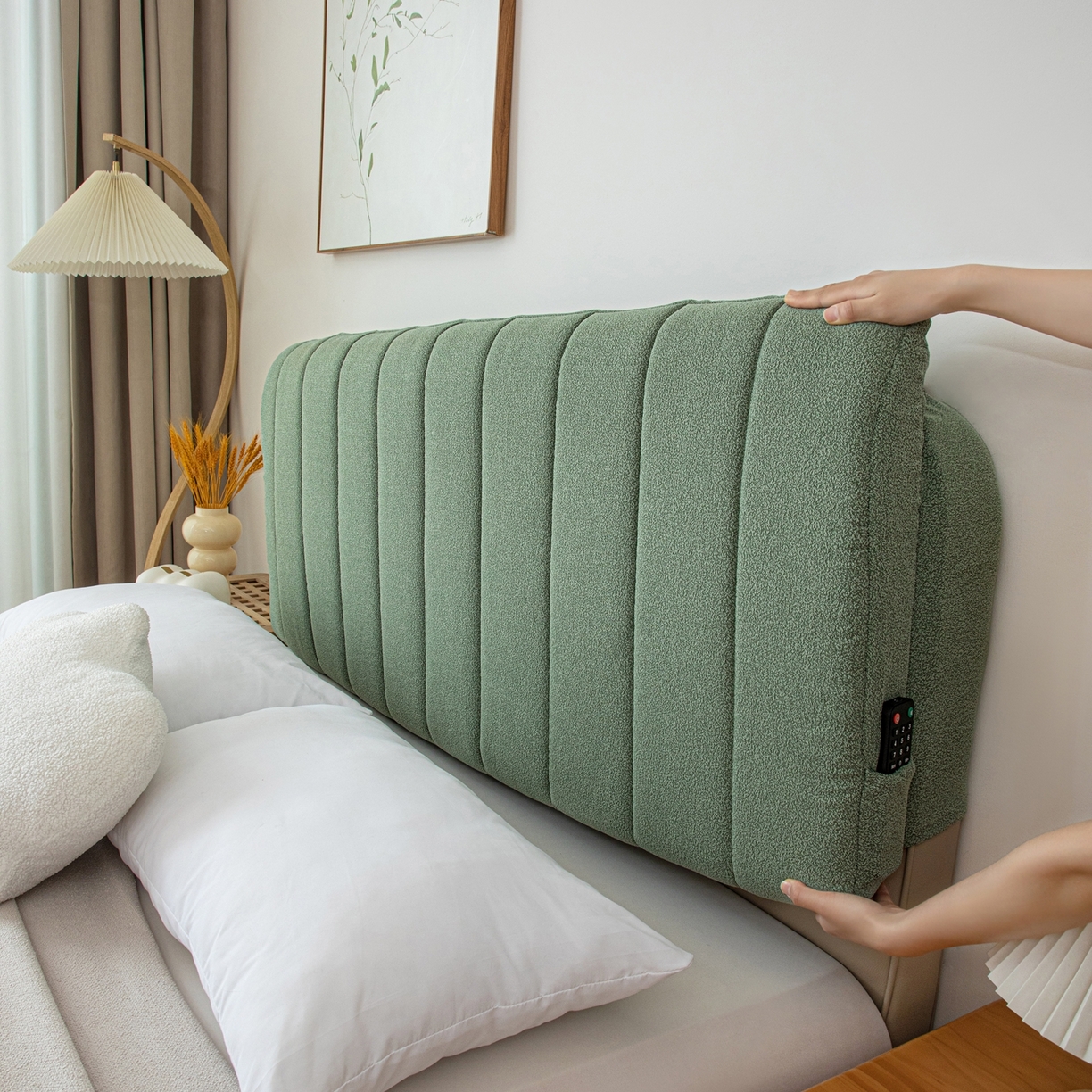 91家纺网 家纺一手货源 找家纺 沐沐家纺 2026新款泰迪绒床头罩靠背 抹茶绿