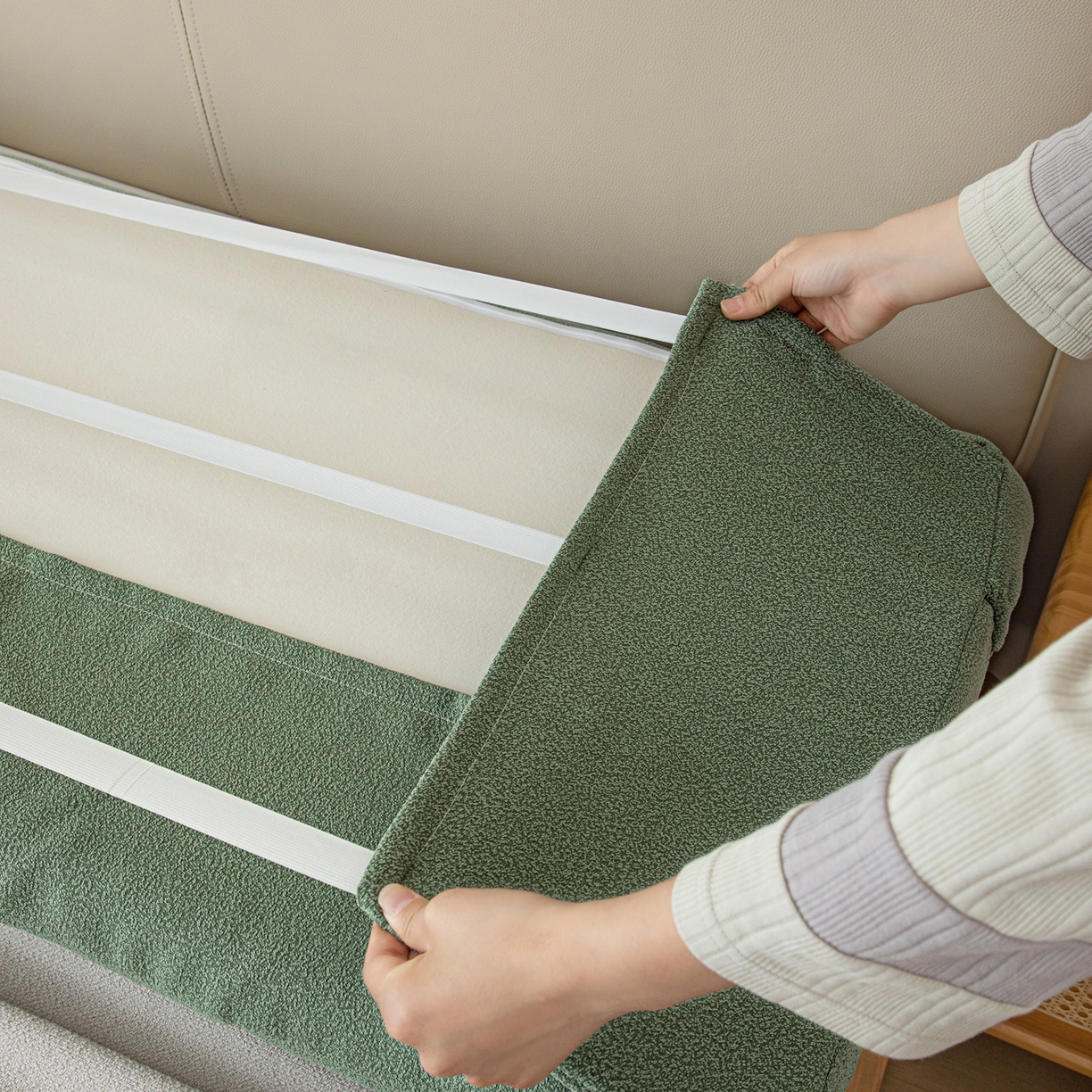 91家纺网 家纺一手货源 找家纺 沐沐家纺 2026新款泰迪绒床头罩靠背 抹茶绿