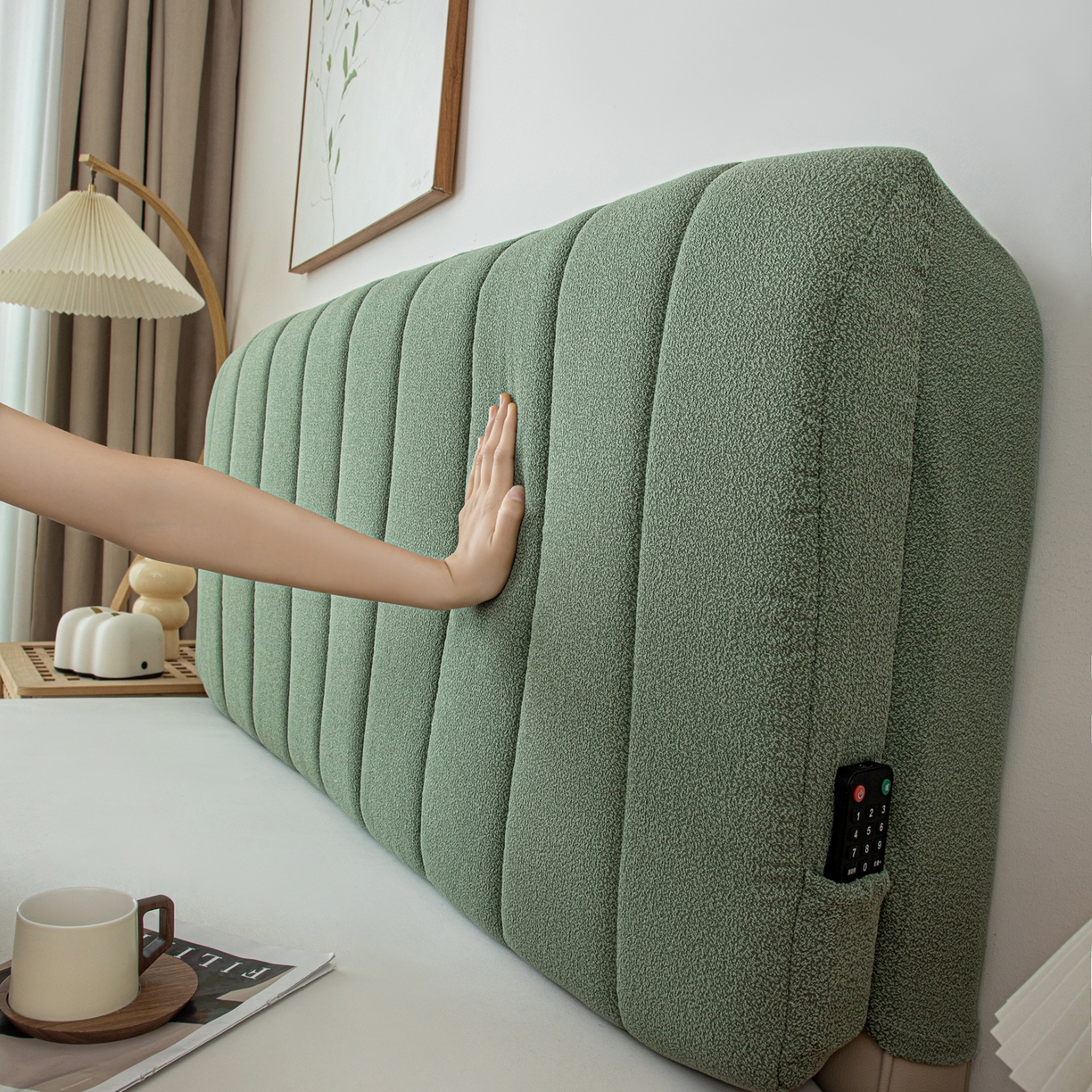91家纺网 家纺一手货源 找家纺 沐沐家纺 2026新款泰迪绒床头罩靠背 抹茶绿