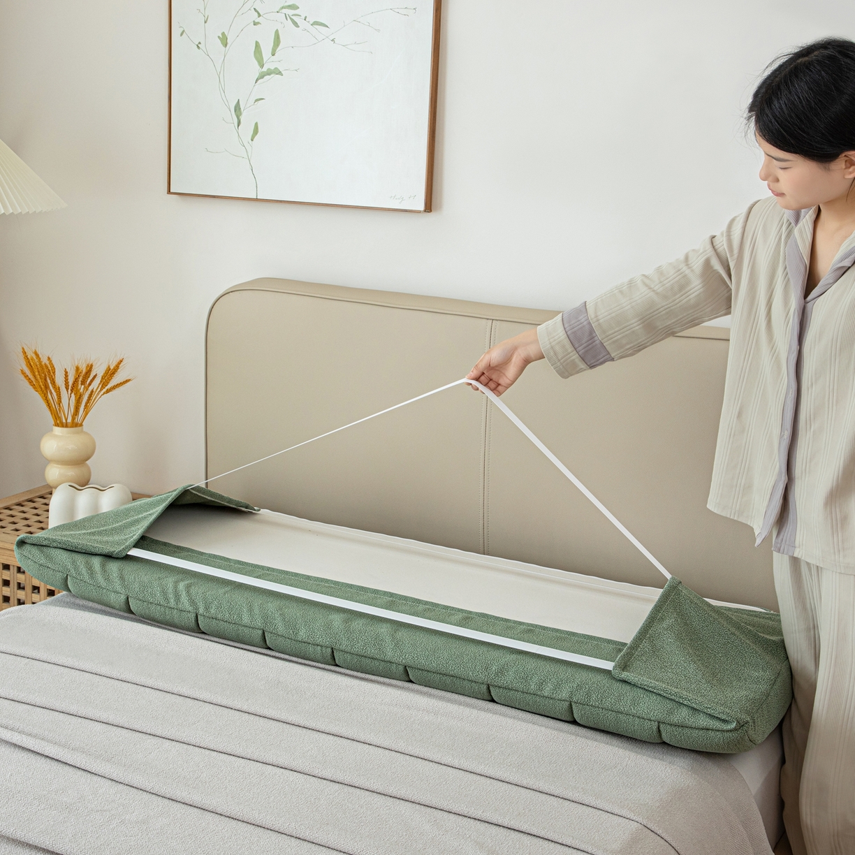 91家纺网 家纺一手货源 找家纺 沐沐家纺 2026新款泰迪绒床头罩靠背 抹茶绿