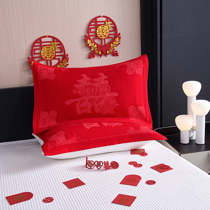 棠薇家纺 2025新款全棉大红婚庆枕巾 花好月圆